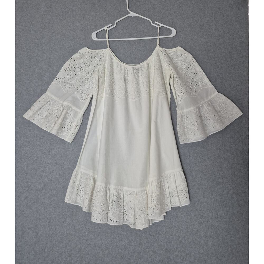 BCBGMAXAZRIA White Eyelet Embroidered Boho Dress Off Shoulder Bell Sleeve M